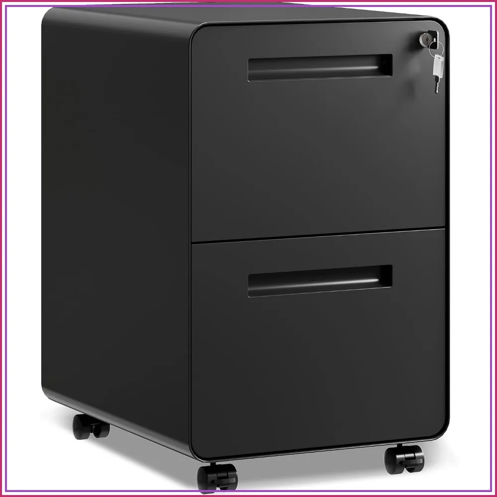 2 Drawer File Cabinet with Lock, Fully Assembled Except Casters, Home Office Storage
