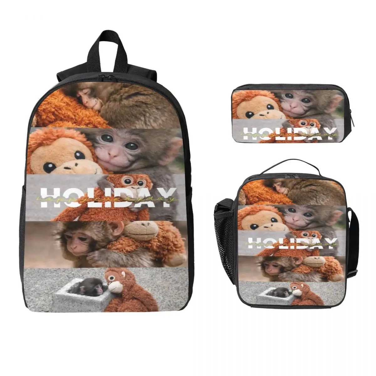 

3Pcs Monkey Punch Baby Monkey Holding Toy School bags Set for Kids Pen Bags Backpack Sets with Lunch Box