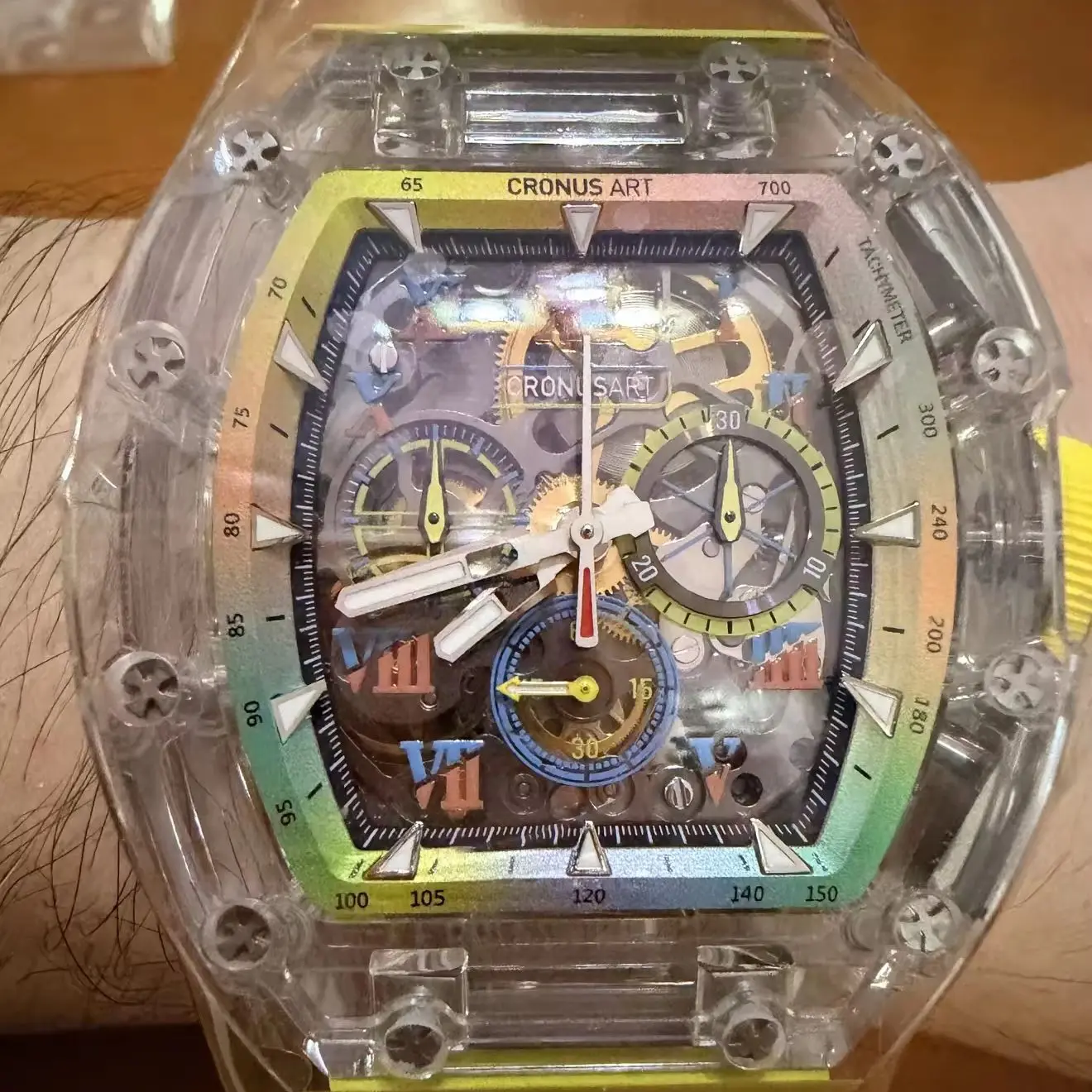 CRONUSART Men Chronograph Watch Tonneau Mechanical Wristwatch Sapphire Case Sapphire Mirror Luminous Skeleton Dial FKM Strap