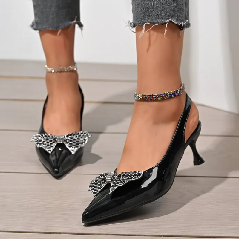 

New Bow Shaped Rhinestone Women's Heels Pointed Sexy Heels Dress Party Shoes Ladies Fine Heel Sandals