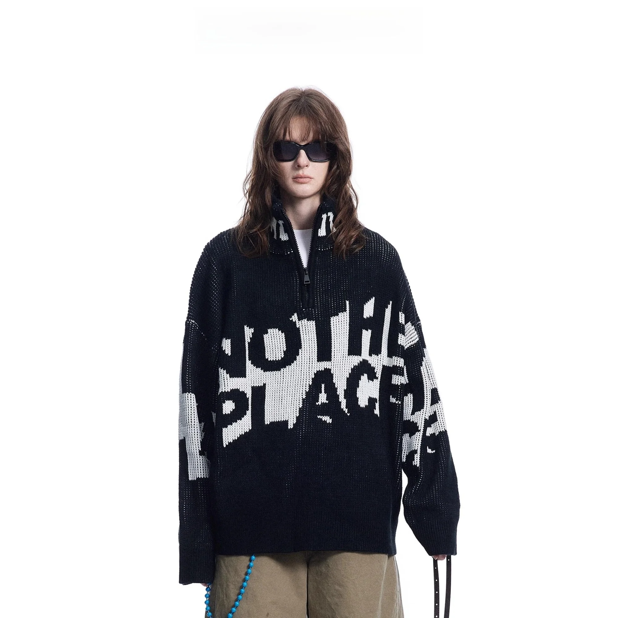 

Модный утепленный осенне-зимний свитер на молнии с высоким воротником для мужчин, повседневный свободный крой, длинный рукав, вязаный топ из полиэстера