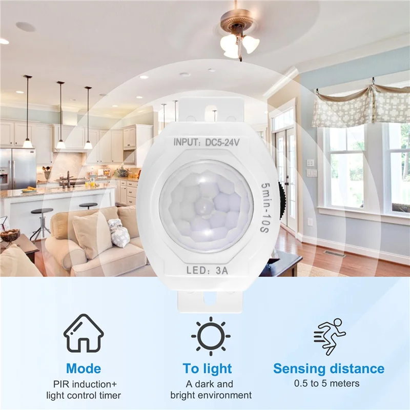 

ABKY-PIR Infrared Motion Sensor Detector DC5-24V Auto On Off Timer Switch Home LED Light Body PIR Motion Sensor Lamp(White)