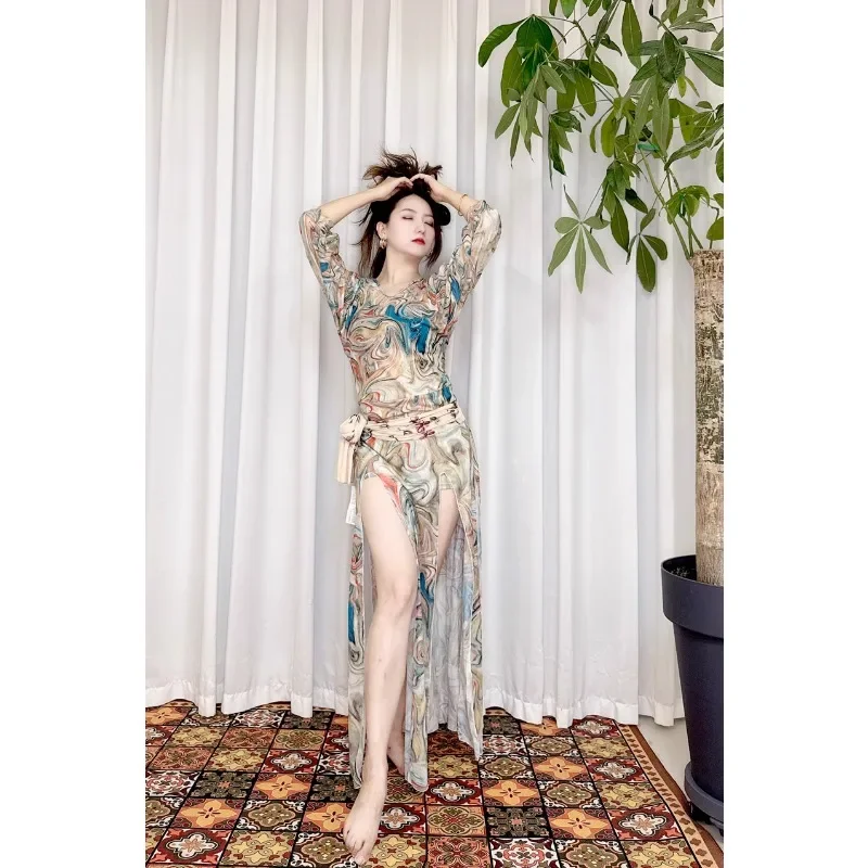 

Customized Swegal Belly Dance Skirt Practice Outfit Printed Mesh Robe Oriental Dance Costumes Beginner 3Pcs Indian Clothes Women
