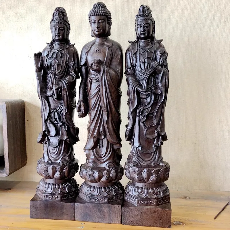 Hand Carved Dark Wooden Western Three Saints Set (3pcs) Statue - Amitabha Guanyin Mahasthamaprapta Figurine Home Temple Altar