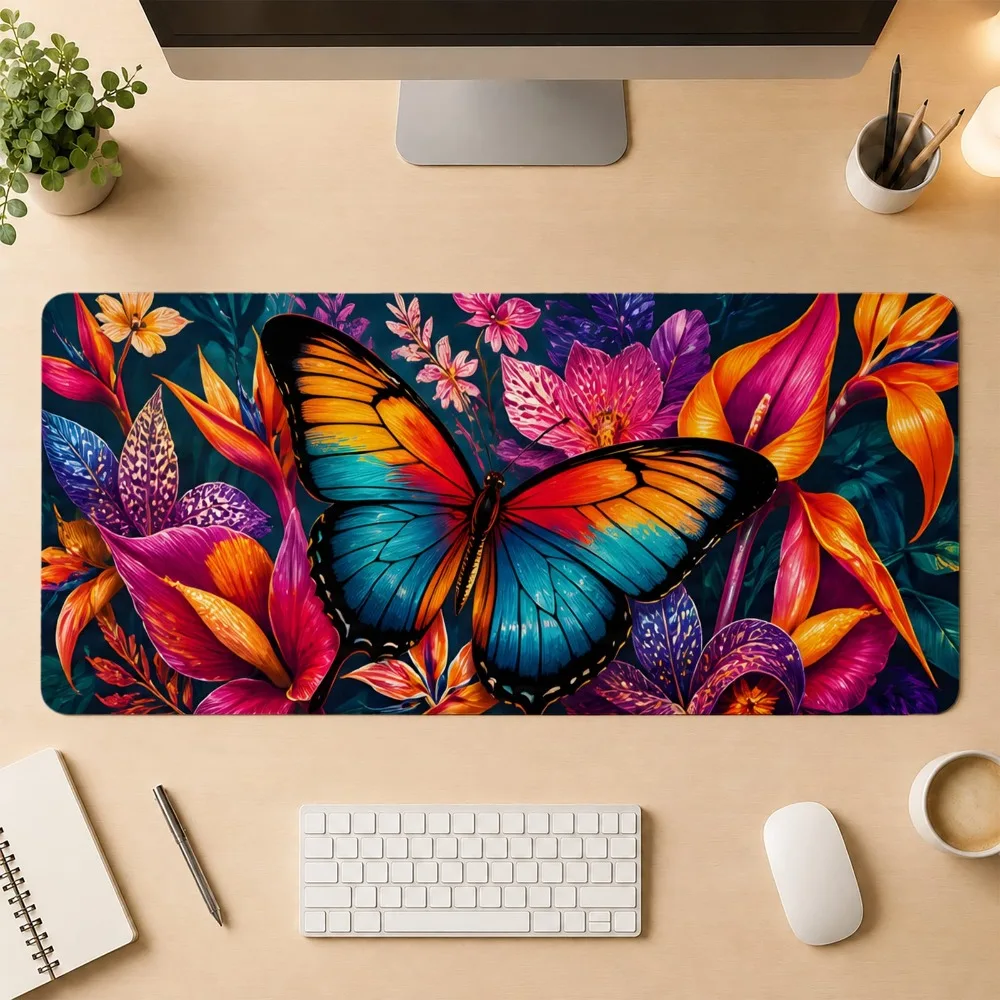 Decorated with bright butterfly and tropical flower patterns, with a non-slip base, an office mouse pad, and a decorative item