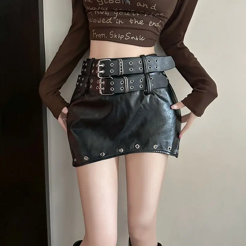 2024 Autumn/Winter  Design Sweet Cool Spicy Girl Style Versatile Short Half Skirt Savvy  leather skirt  korean style