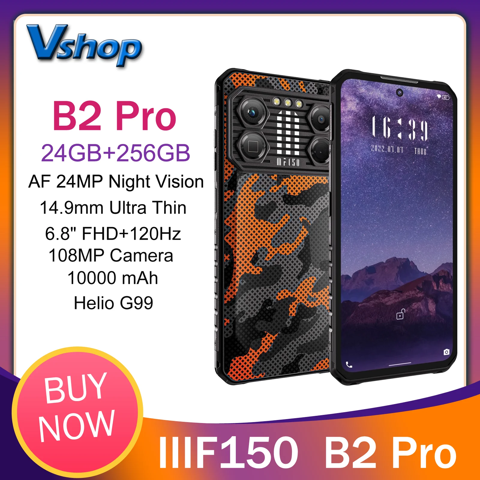 IIIF150 B2 Pro Telefone robusto 24GB(12 +12) + 256GB Câmera 108MP Tela de 6,8 ''10000mAh Android 13 MTK Helio G99 4G NFC Smartphon