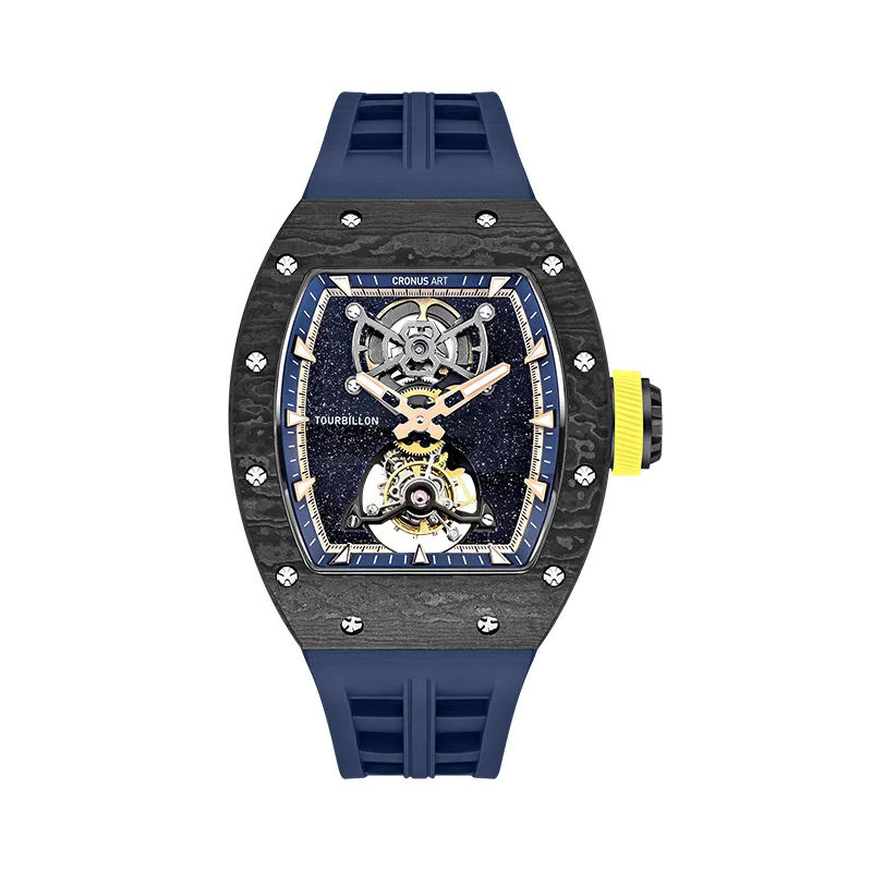 CRONUSART Men Tourbillon Watch Luxury 50mm Tonneau Carbon Fiber Case & Dial Mechanical Wristwatch Fluororubber Strap Luminous