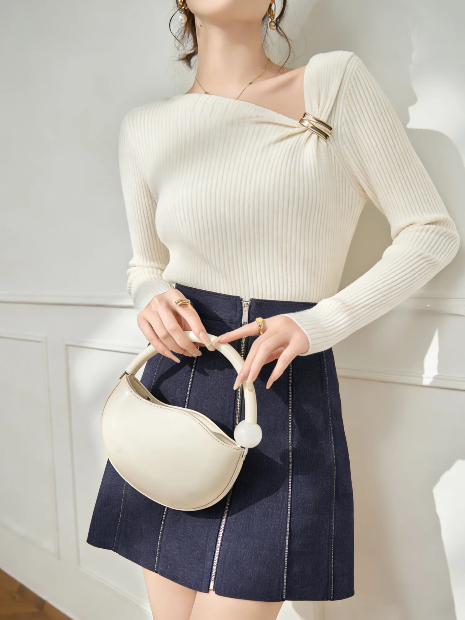 

Lulu Style Ageless Irregular Knitwear High Waist Jeans Skirt Set Women Casual Loose Fit Long Sleeve round Neck A-Line Dress
