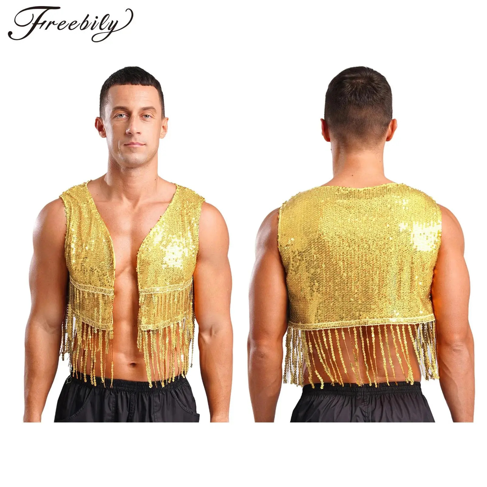 Mens Shiny Sequin Waistcoat Open Front Crop Vest Sleeveless Tassels Fringed Cardigan for Vintage 70s 80s Disco Party Clubwear