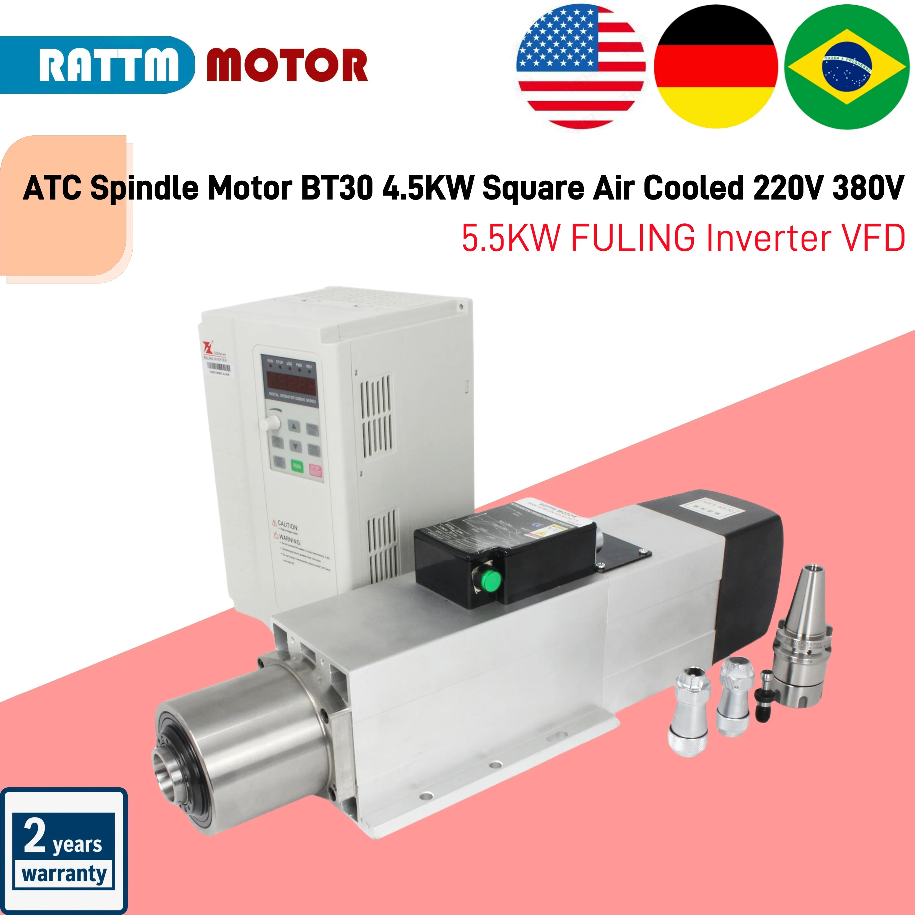 『Voorraad in de VS/EU/BR』ATC spilmotor BT30 4,5 kW vierkant luchtgekoeld 220 V 380 V en 5,5 kW FULING omvormer VFD CNC-routerboorset