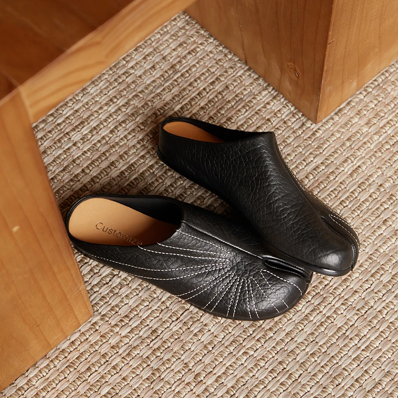 

Genuine Leather Split-Toe Mules Closed Toe Slip On Loafers Black Women's Slipper Shoes Casual Lazy Fashion Shoes for Women