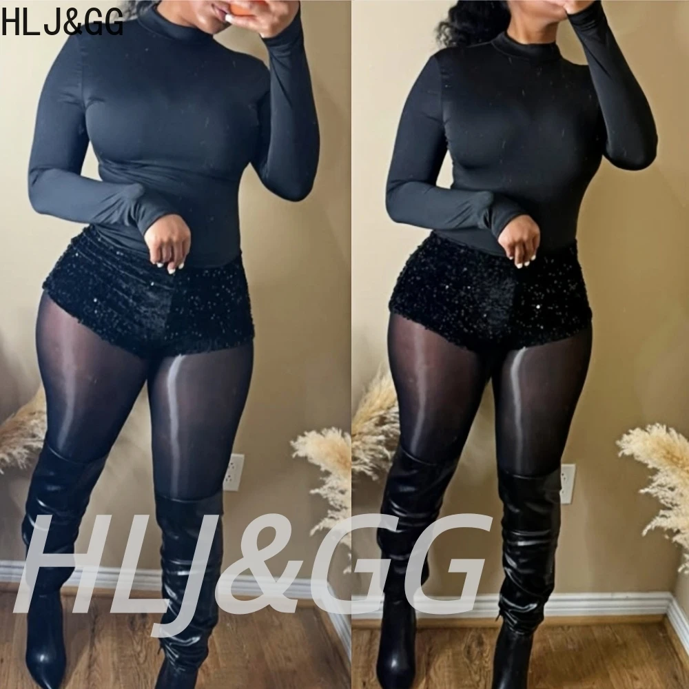 

HLJ&GG Black Spring New Half High Collar Base Shirt 3 Piece Sets Women Long Sleeve Top + Sequin Shorts + Socks Outfit Streetwear