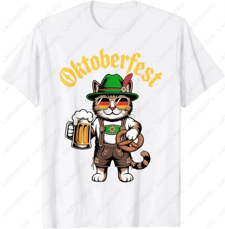 Funny Oktoberfest Cute Cat Pretzel Beer Party Graphic T‑Shirt Unisex Y2K Streetwear High Quality Cotton Casual Daily Tees