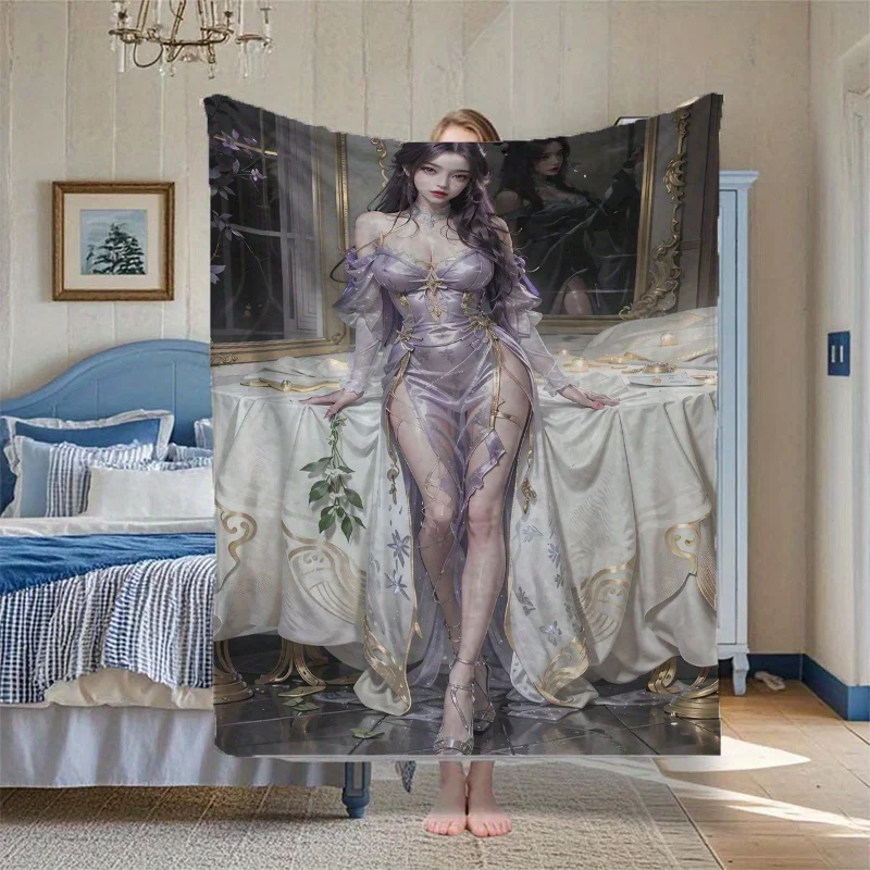 Glamorous Costume Women and the Black Silhouette Pattern Digital Print Flannel Blanket,  Polyester Material, Lightweight Non