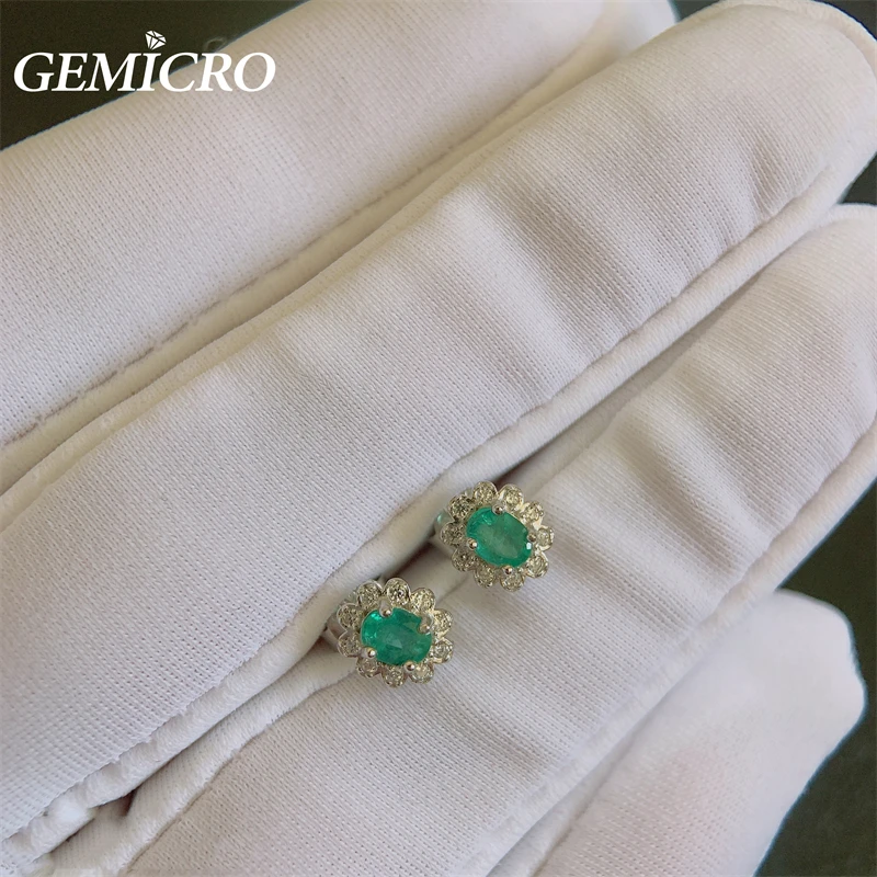 Gemicro 925 Sterling Silver Jewelry with 3*4mm Natural Emerald Stone Earring Studs for Party Gift, Women Romatic and Cute Style