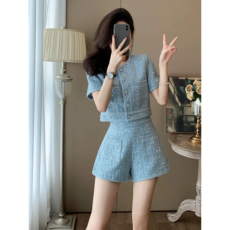 Women's coarse tweed 2-pcs set short sleeved jacket+shorts 2026 summer new small fragrance style set