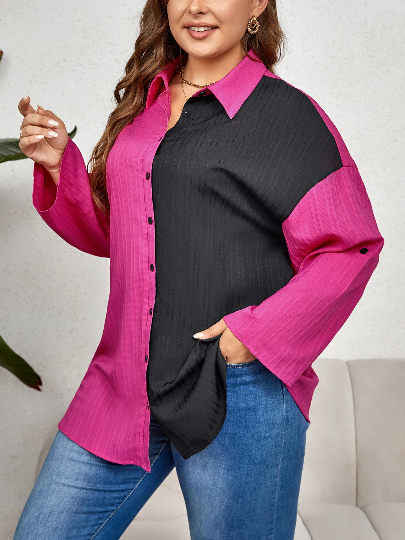 KEBY ZJ Plus Size Drop Shoulder Roll up Long Sleeve Shirt Women Spring Fall Colorblock Loose Casual Button Down Blouses Top