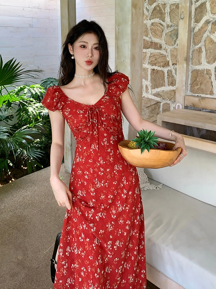 夏の女性の花柄プリントパフスリーブ折り目Aラインマキシロングドレスパーティー誕生日デートビーチボヘミアンローブストリート服カジュアル