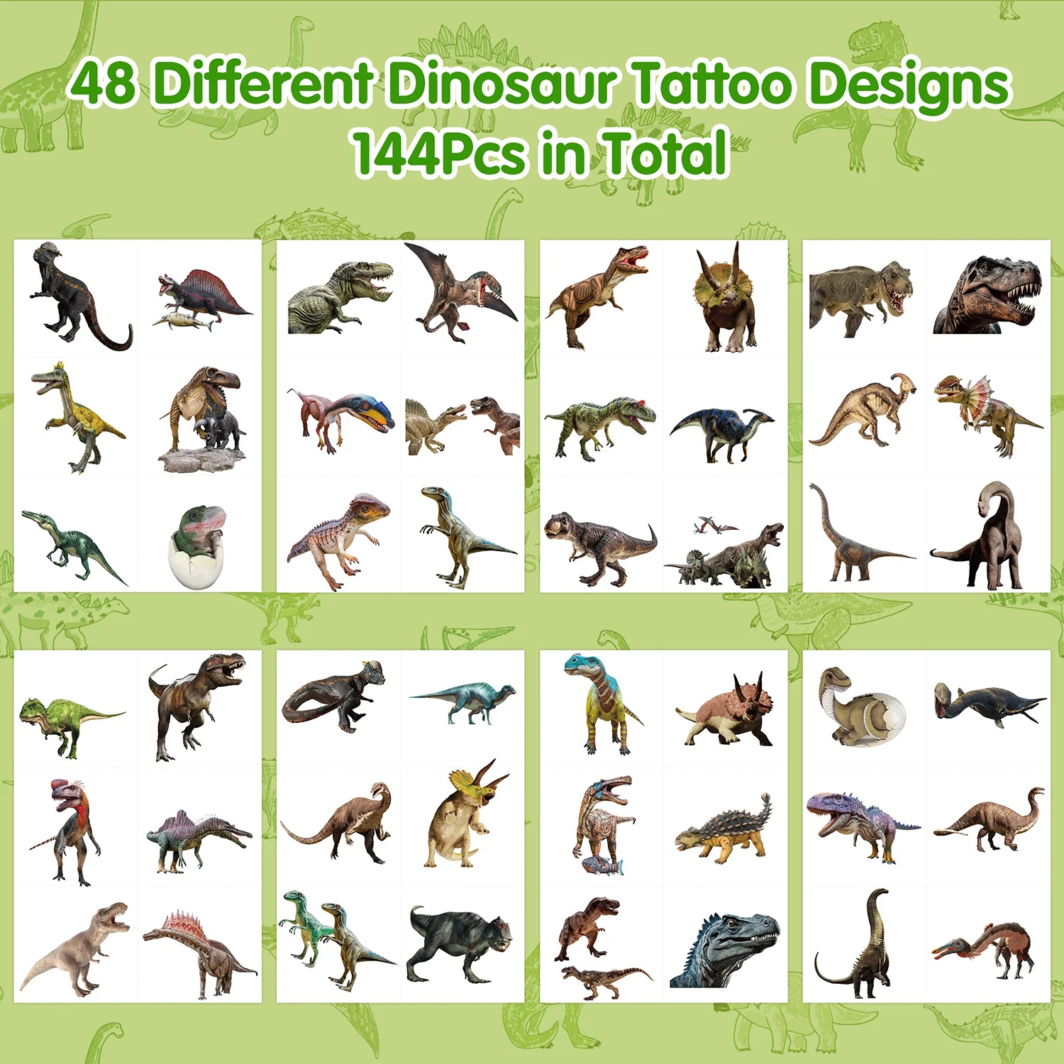 144Pcs Dinosaur Temporary Tattoos 2 Inch Realistic Nature Forest Dinosaur Non-Toxic Tats Waterproof Body Stickers Art Decal Set