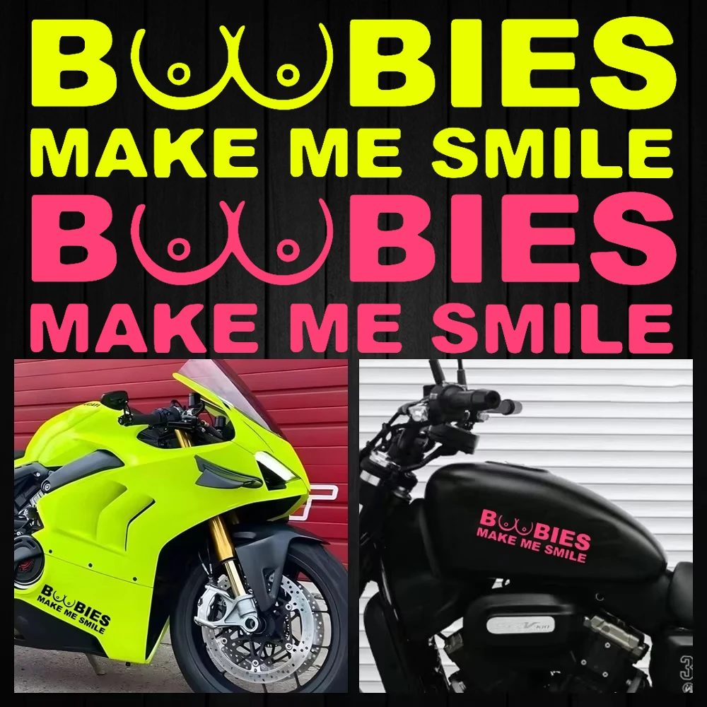 

Funny BOOBIES MAKE ME SMILE Reflective Car Stickers Decor Motorcycle Moto Helmets Body Windshield Fuel Tank Accessories Decals