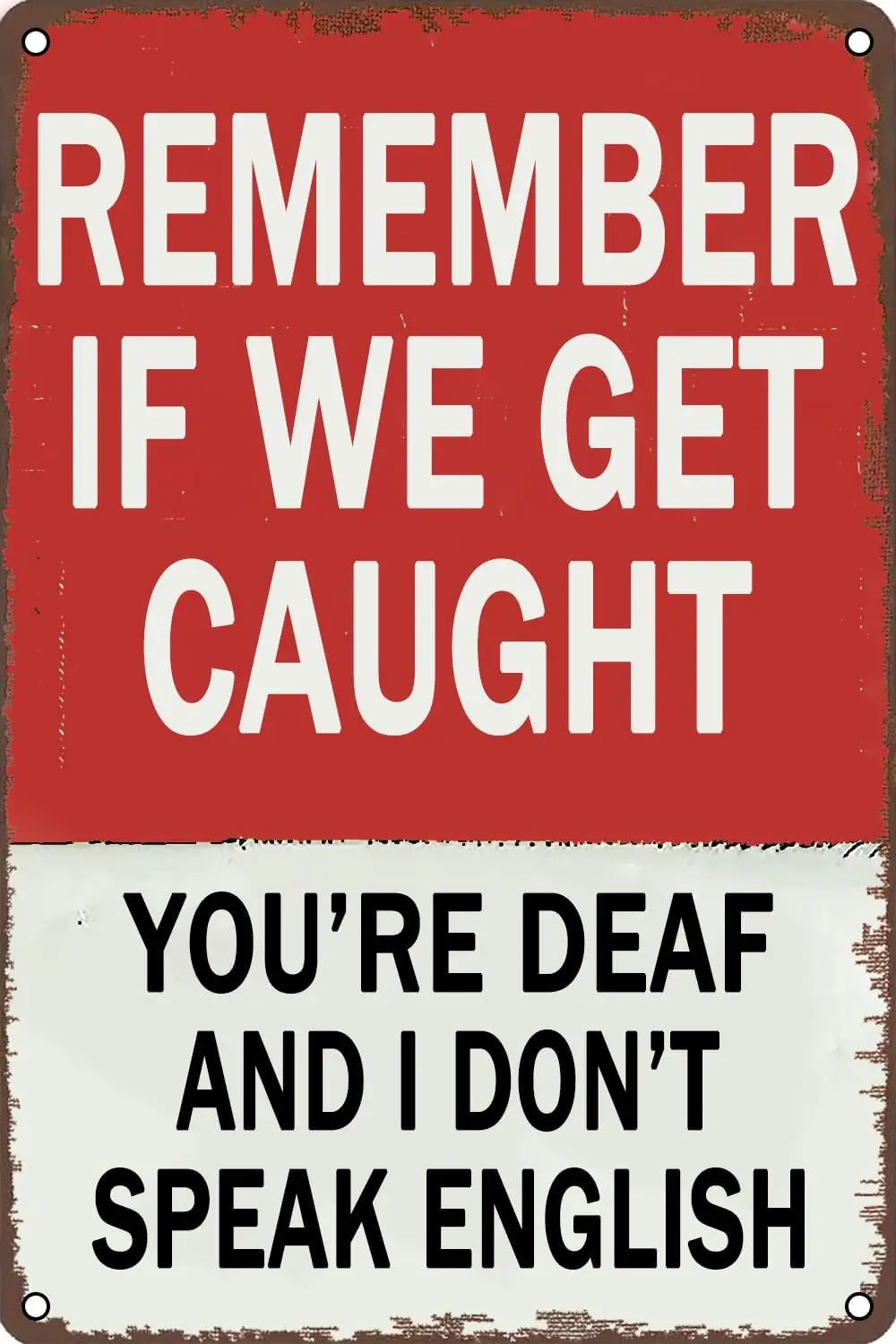 Funny Metal Sign Remember If We Get Caught You'Re Deaf And I Don'T Speak English Signs for Home Bar Club Man Cave C sign