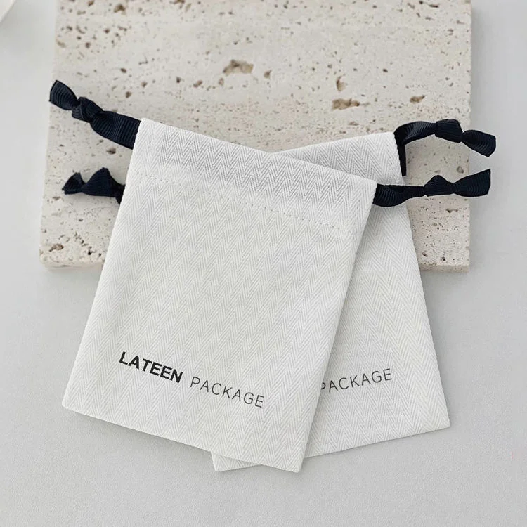 Makeup Cosmetic Perfume Packaging Herringbone Canvas Cotton Drawstring Gift Bag Custom Logo Pouch