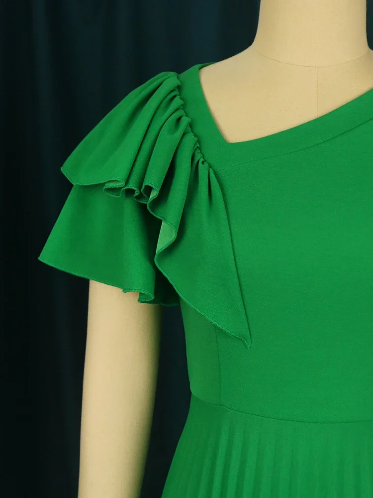 4XL Dresses for Women Plus Size Irregular Short Sleeve High Waist Pleated Green Yellow Office Evening Party Gowns Outfits 2023