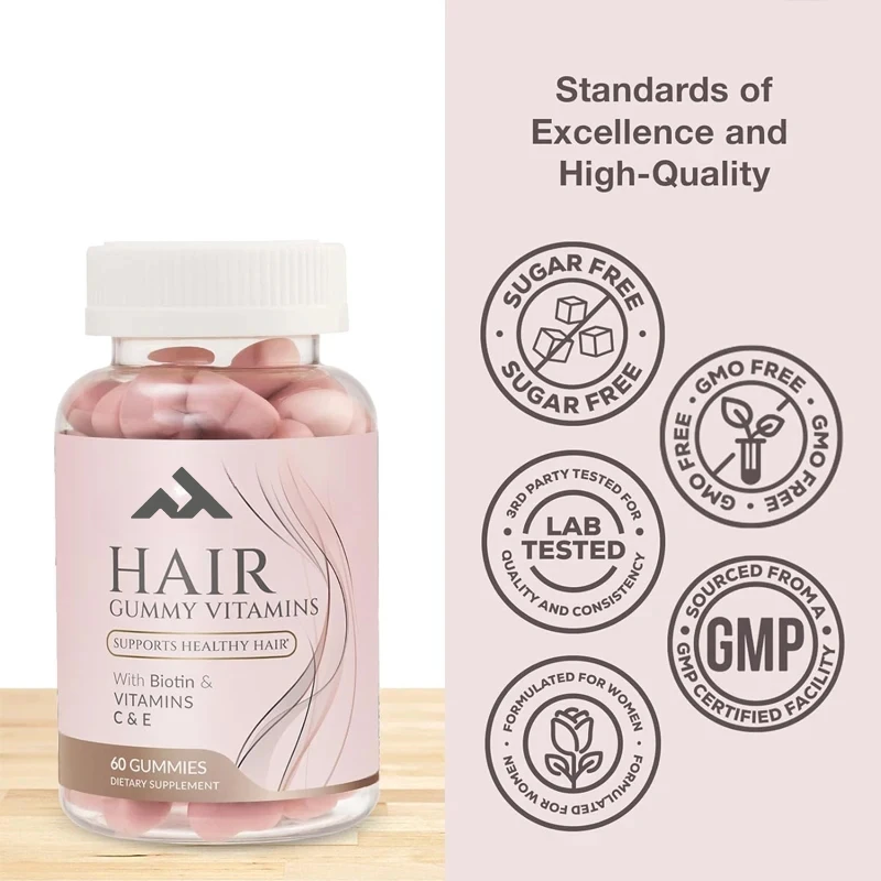 

Витаминные жевательные жевательные конфеты для волос без сахара содержит витамины A, B12, C, D, E, фонированные кислоты, поддерживающие жевательные конфеты для роста волос, поддерживают волосы и ногти