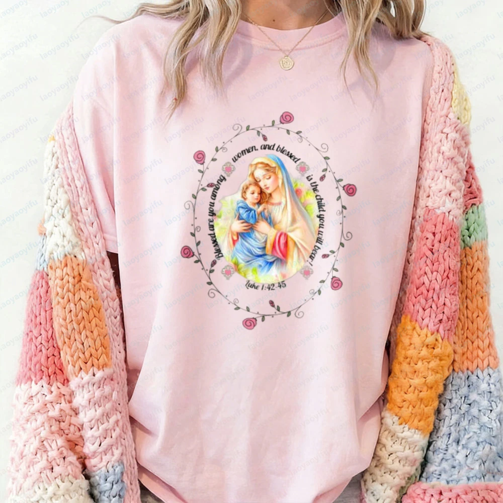 Marian Catholic T-Shirt Religious Gifts for Mom Floral Cross Shirt Virgin Mary Tee Bestie Gifts for Friends Meaningful Gifts Tee
