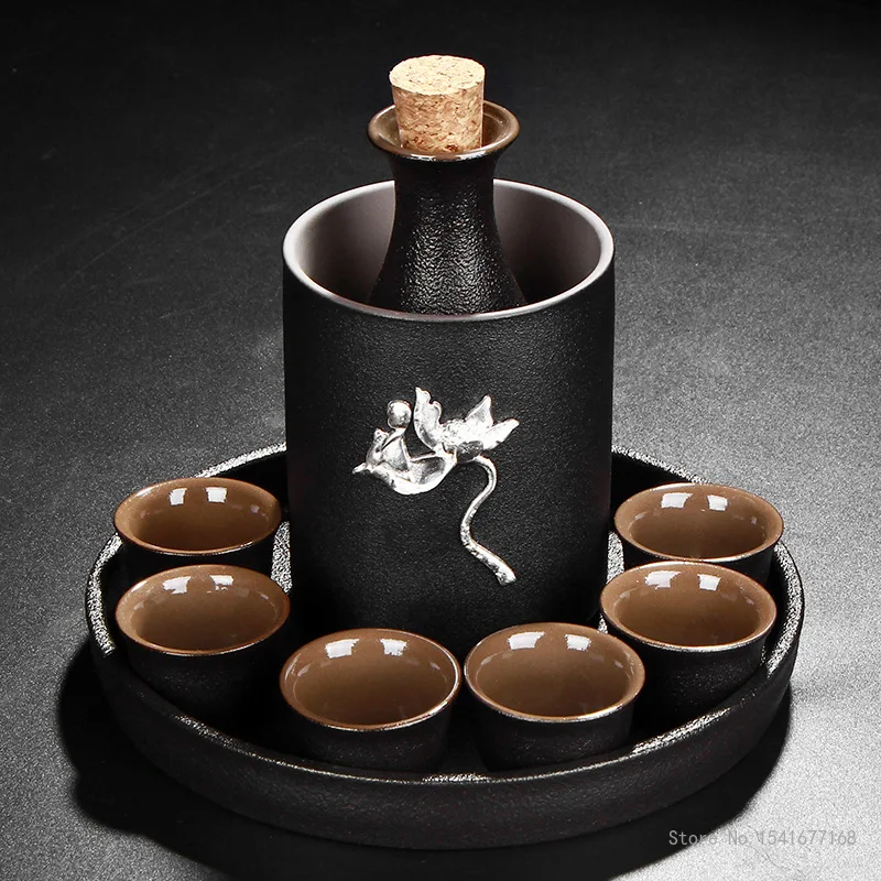 Japanese Style Ceramic Sake Pot Cup Set, Black Pottery Liquor Flask, Wine Bottle Cups Tray, 9Pcs Set