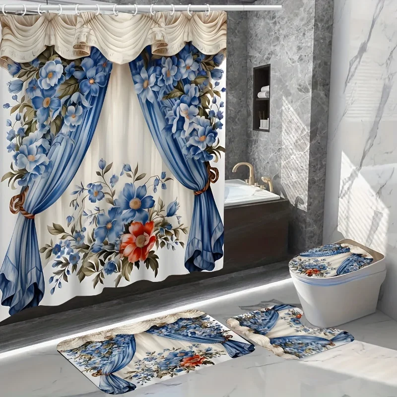 4pcs Waterproof Bathroom Shower Curtain Set With 12 Hooks, Toilet Seat Bath Mats And Rugs Non-slip Carpet Toilet Covers Polyes