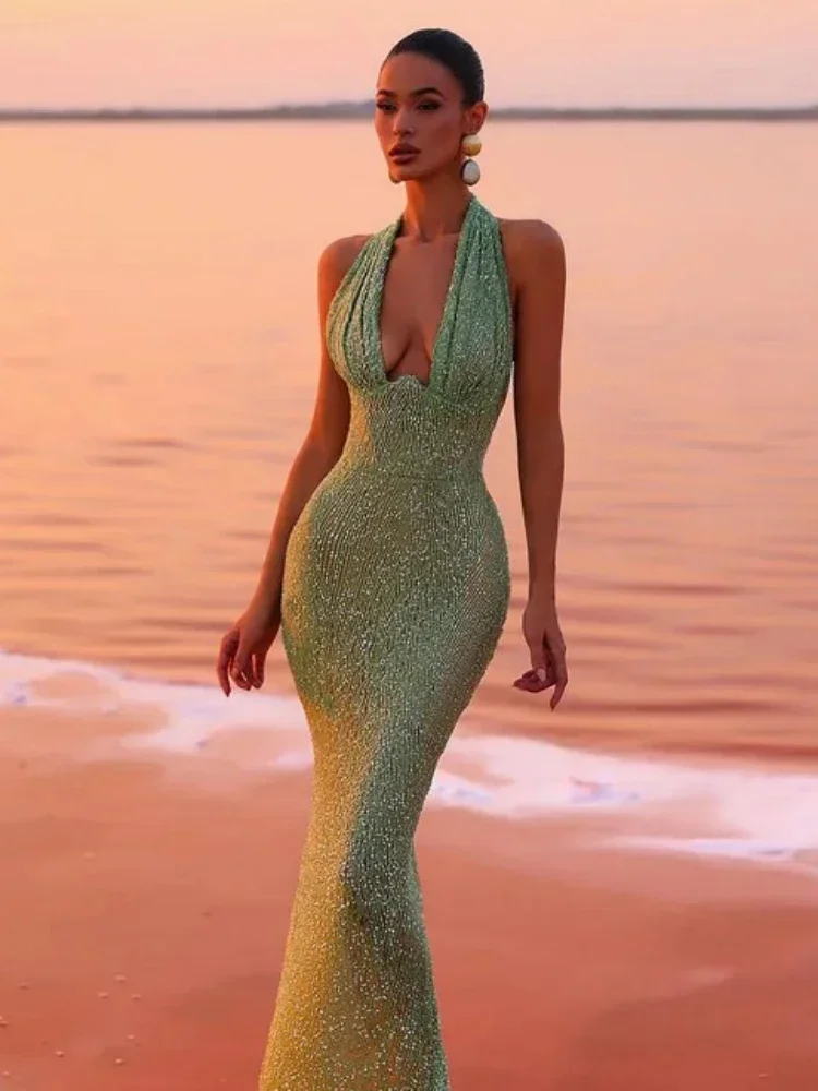 

Sexy Halter Deep V Neck Sequins Maxi Dress Women Green Sleeveless Backless Sequined Slim Long Dresses Celebrity Party Gowns