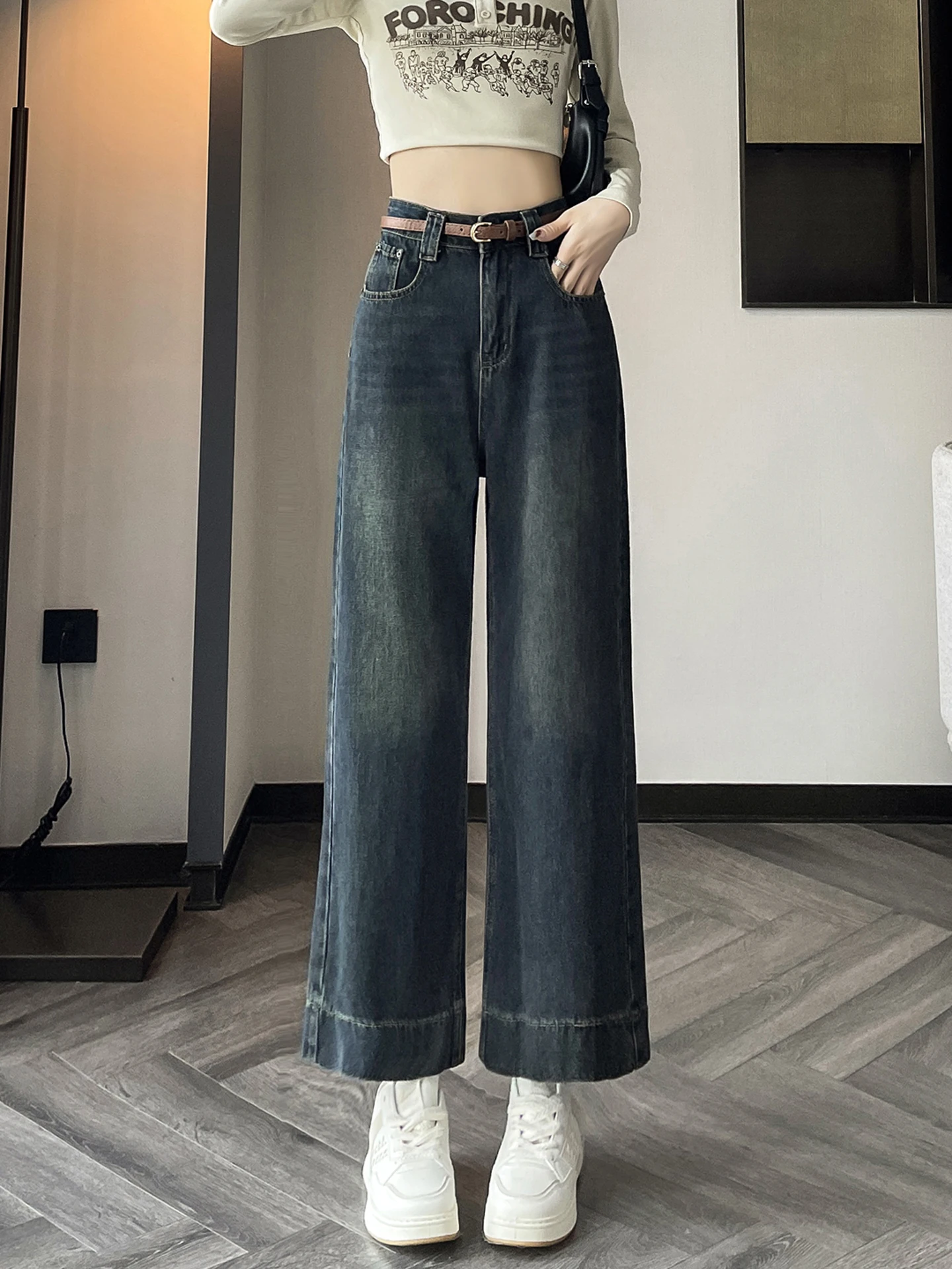 

Ретро-джинсы американского стиля с широкими штанинами, синие, женские, зимние, утепленные, с высокой талией, прямые, укороченные, повседневные, из смесового хлопка