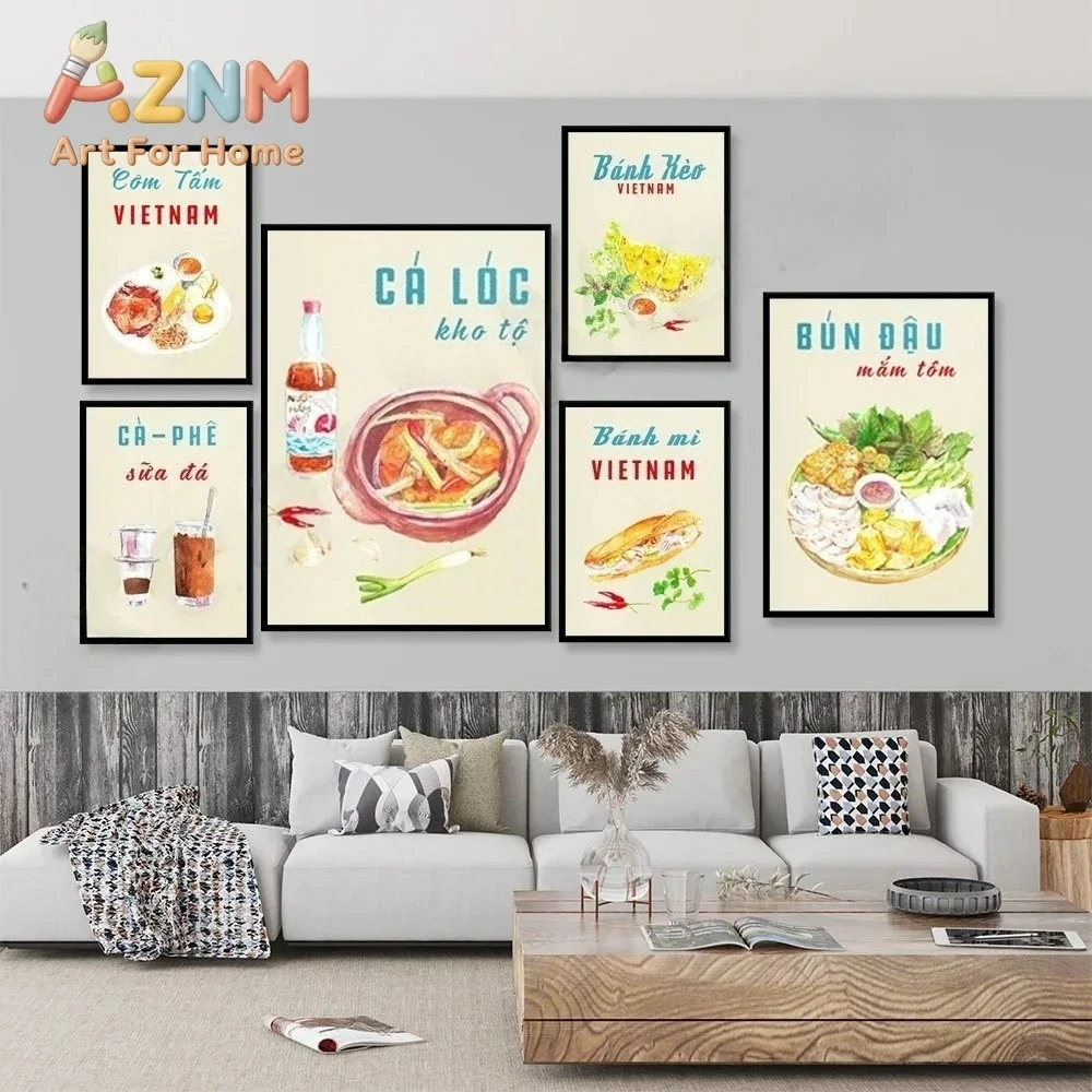 AZNM Vietnamese Food Canvas Wall Art, Watercolor Vietnam Dishes Banh Mi Coffee Print, Kitchen Restaurant Wall Decor Poster