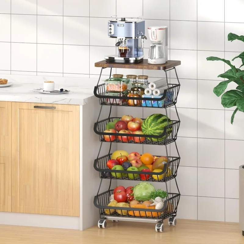 

Fruit Basket with Wooden Lid for Kitchen, 5-Tier Stackable Wire Fruit Vegetable Storage Basket Organizer Stand on Wheel