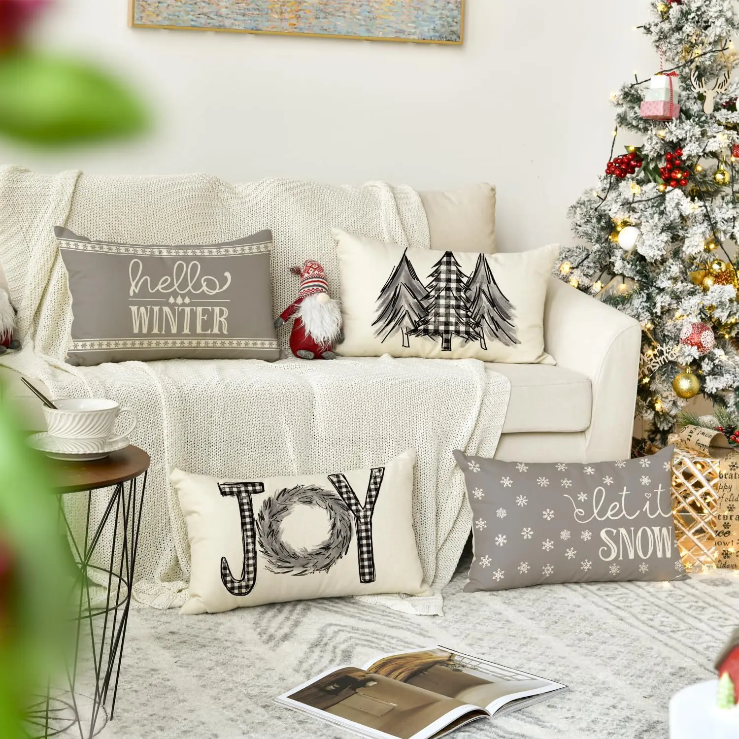 Merry Christmas Trees Mottos Gray Throw Pillow Covers,  Hello Winter Let it Snow Holiday Cushion Case Decoration for Sofa Couch