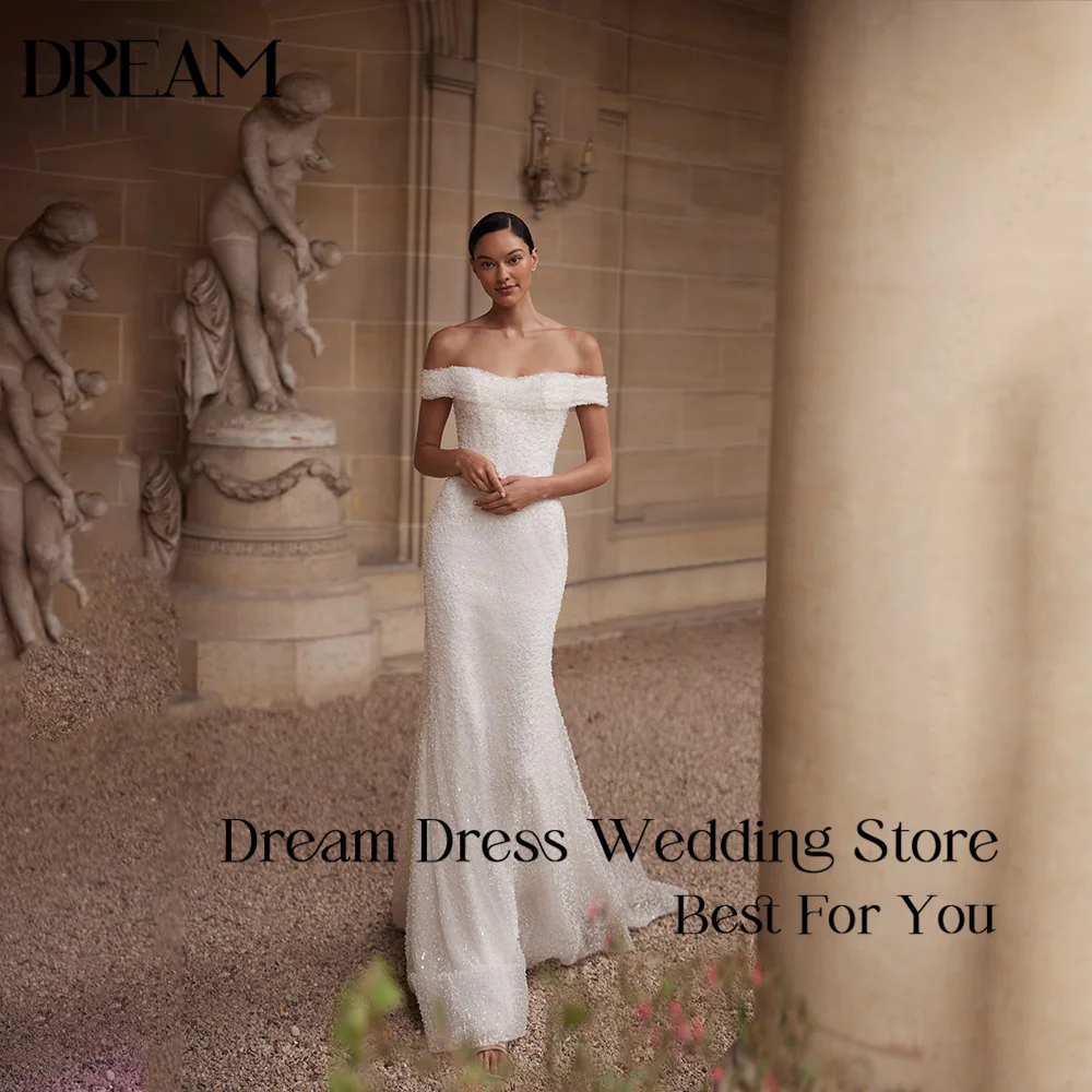 Dream Customized Luxury Wedding Dress 2026 Off-the-Shoulder Backless Beaded Bodice Satin Ruffle Detail Mermaid Train Bridal Gown