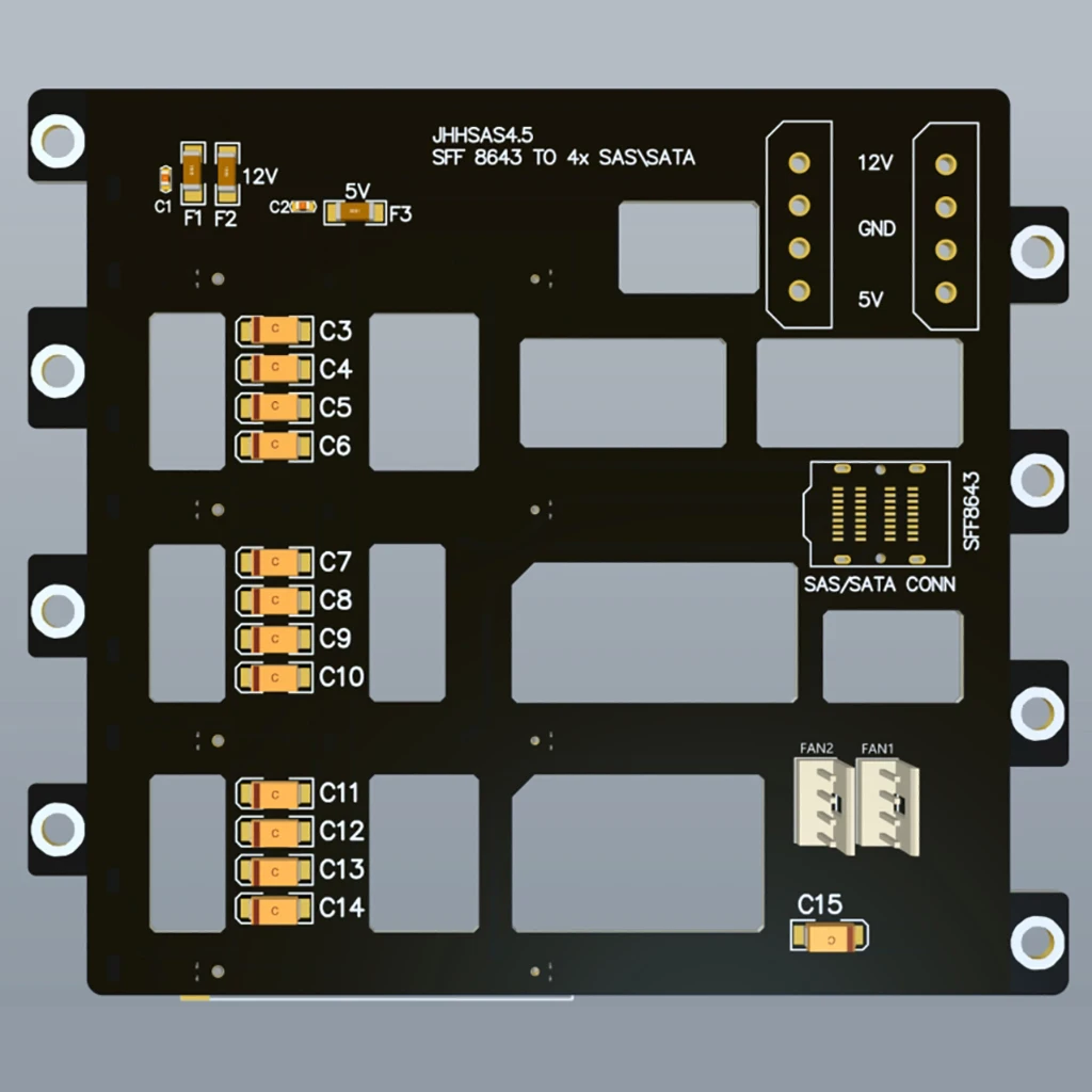 

4 Bay SAS/SATA Hard Drive Backplane with SFF8643 Interface, Full Capacitor Power Supply + 12V Fan Ports