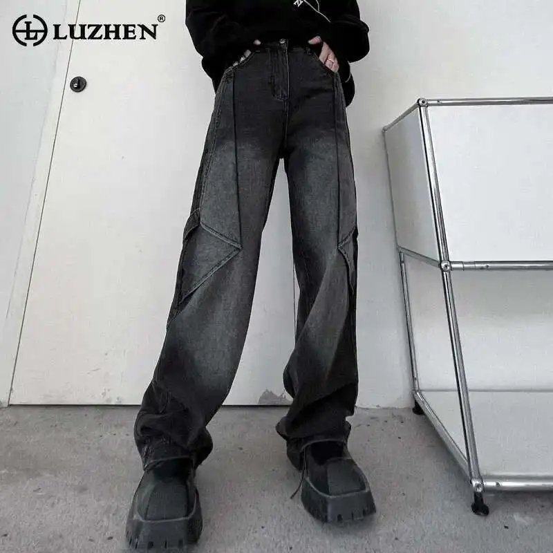 

LUZHEN Wornout Wide Splicing Leg Jeans Design Washed Straight Denim Pants Original Fashion New Men's Street 2025 Clothing LZ9053