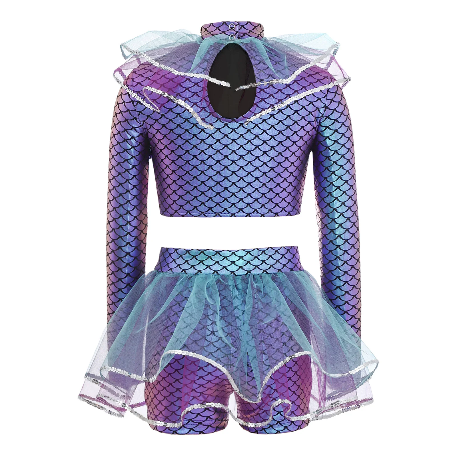 Girls Party Costume Outfit Children School Performance Mermaid Cosplay Costume Fish Scales Print Mesh Sequins Crop Top + Shorts