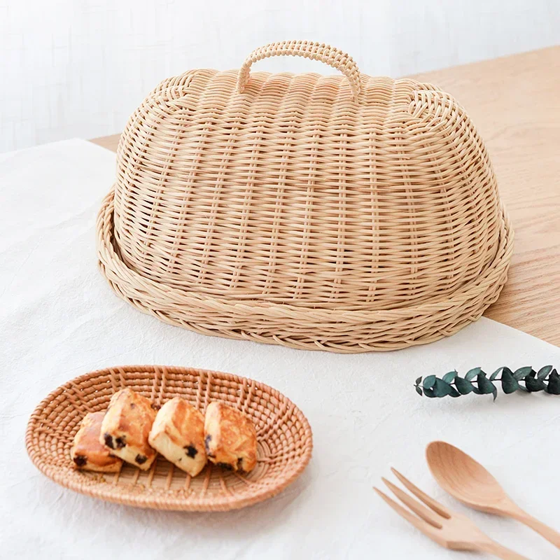 

Handwoven Rattan Basket Fruit and Vegetable Serving Basket Dust-Proof Cover Pantry Organizer Eco-Friendly Drop Shipping