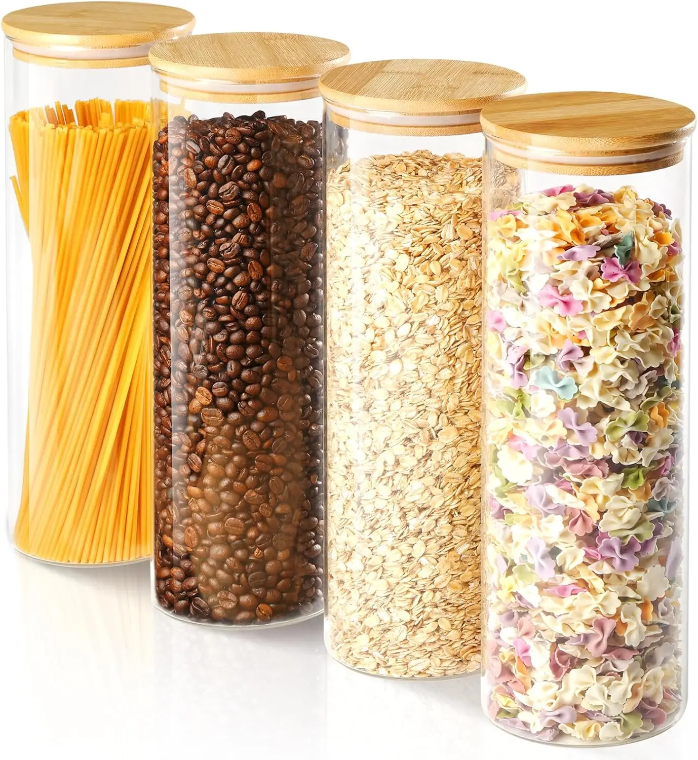 

Стеклянные банки для хранения на 60 унций с герметичными деревянными крышками, набор из 4 шт. для макарон, муки, сахара, кофе, чая, фасоли