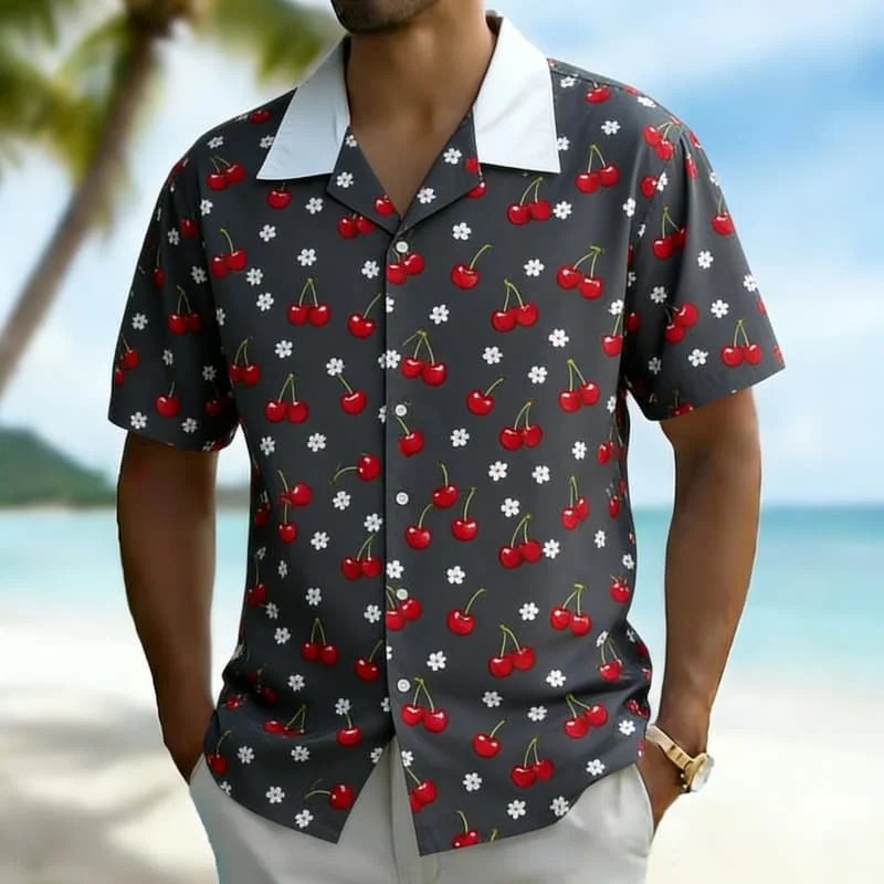 Men's tropical fruit print short-sleeved shirt, featuring a stylish summer style, for beach vacations, and daily commuting