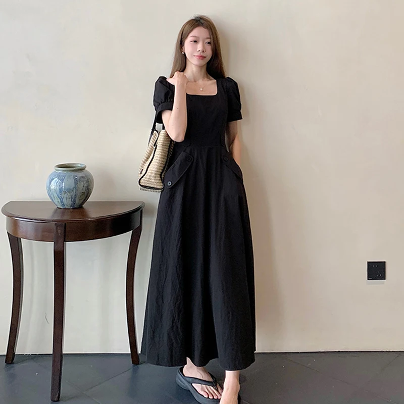 

Летнее черное платье А-силуэта для женщин больших размеров, с эффектом утяжки талии, в корейском стиле, с квадратным вырезом и расклешенными короткими рукавами