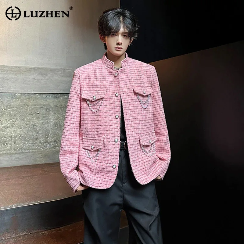 

LUZHEN жемчужная цепочка с украшением и несколькими карманами, дизайн, клетчатая мужская куртка с принтом, новинка 2025 года, элегантная красивая повседневная мужская одежда JY4585