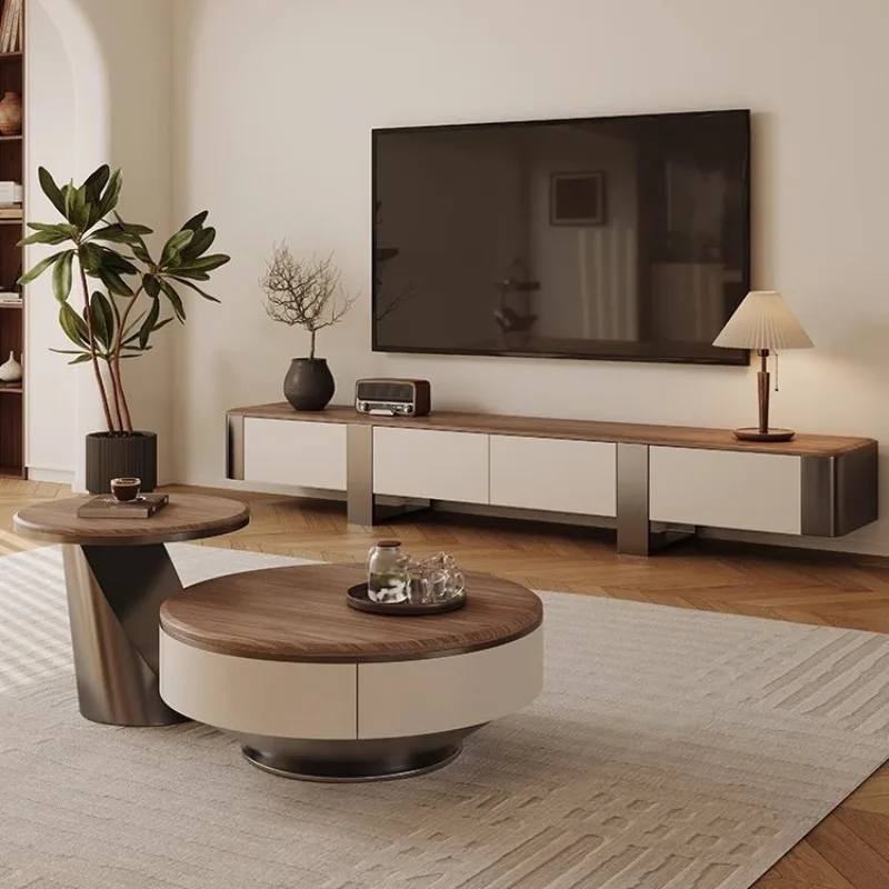 Modern simple small apartment light luxury coffee table size round living room home antique walnut surface coffee table 4