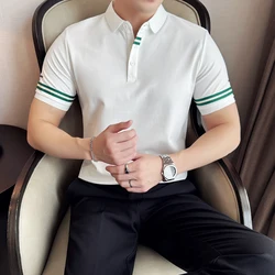 Summer Ribbon Striped Short Sleeved POLO Shirt for Men Fashion Slim Fit Casual Business Polo T Shirt Office Social Tee Tops 2024