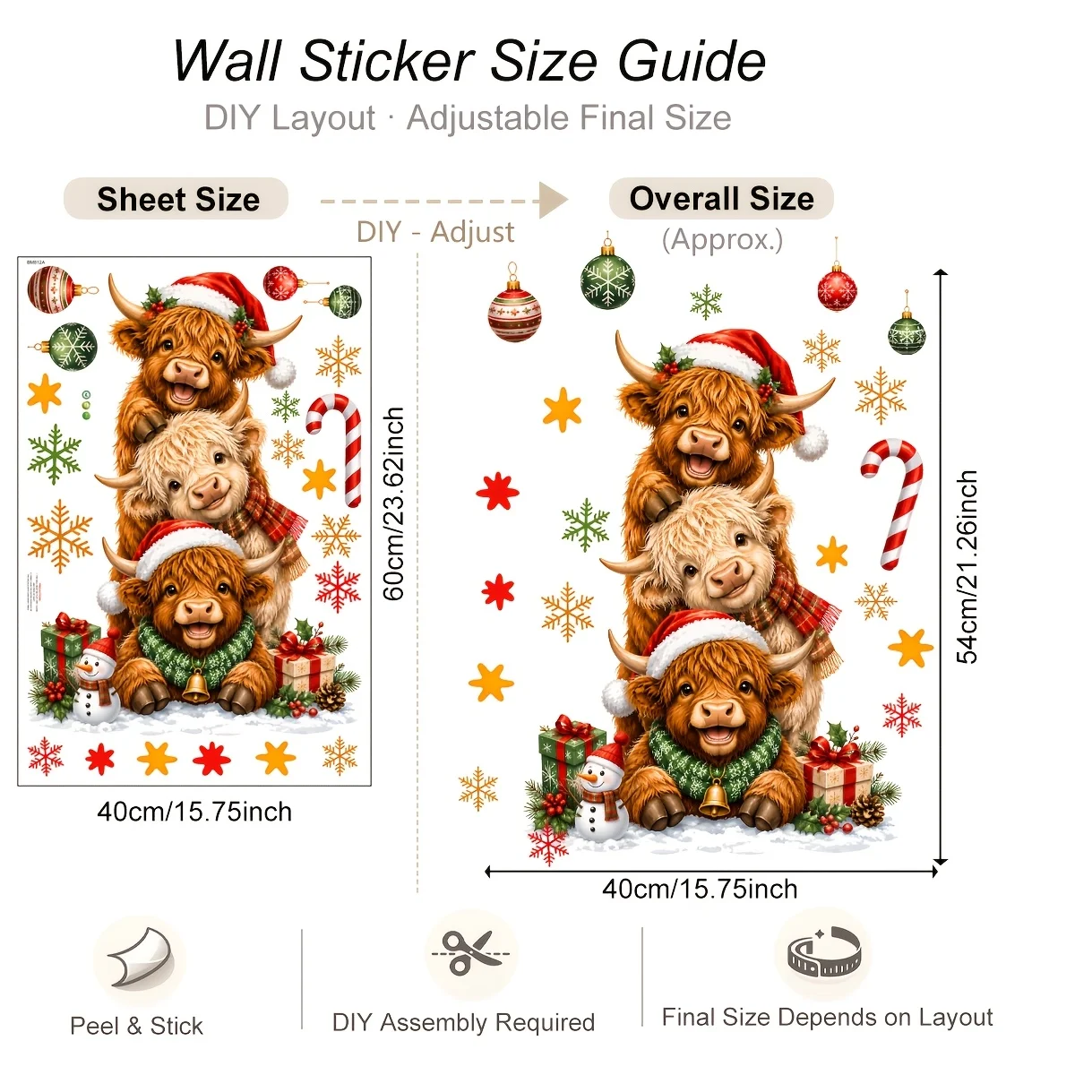 Christmas Highland Cow Wall Sticker Stacked Santa Hat Scarf Ornament Candy Cane Snowflakes Door Fridge Self Adhesive Vinyl Decor