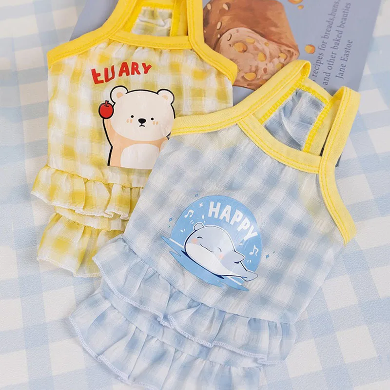 Gaun Gambar Beruang Lucu Pakaian Anak Anjing Musim Semi Gaun Putri Teddy Jaring Bersirkulasi Rok Halter Kartun Kotak-kotak Macaroon Hewan Peliharaan